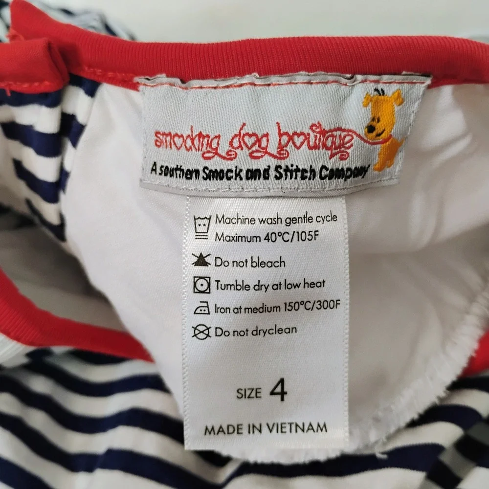 Smocking Dog Boutique Navy White Stripe Red Wagon Smocked Bubble Romper Size 4
